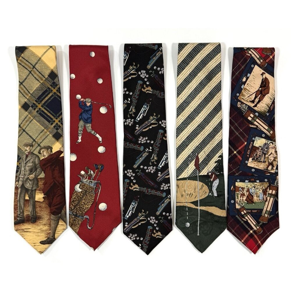 Vintage Silk Neckties Mens Golf Theme Variety Brands Patterns Prints Lot Of 5